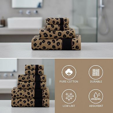 6 Piece Leopard Safari Jacquard Towel Set (2 Bath,2 Hand,2 Washcloth) Soft Absorbent Decorative
