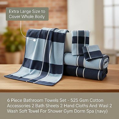 6 Piece Cotton Bathroom Towel Set 525 GSM 2 Bath 2 Hand 2 Washcloths