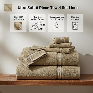 Ultra Soft 6 Piece Towel Set Luxurious Ringspun Heavy Weight Absorbent Rayon Trim