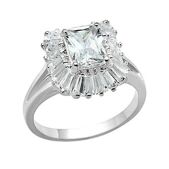 Alamode 925 Sterling Silver Cubic Zirconia Halo Rectangular Ring