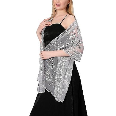 Sequin Floral Evening Shawl Sparkly Sheer Mesh Wedding Party Wrap