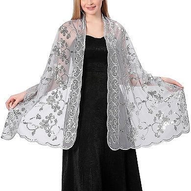 Sequin Floral Evening Shawl Sparkly Sheer Mesh Wedding Party Wrap
