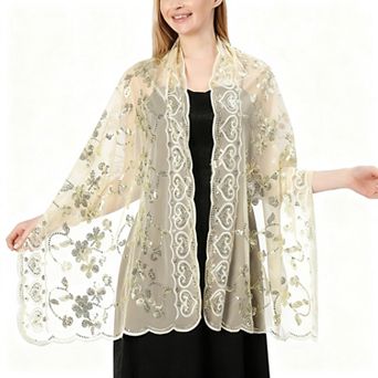 Sequin Floral Evening Shawl Sparkly Sheer Mesh Wedding Party Wrap
