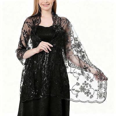 Sequin Floral Evening Shawl Sparkly Sheer Mesh Wedding Party Wrap