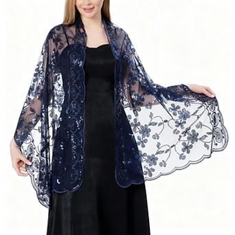 Sequin Floral Evening Shawl Sparkly Sheer Mesh Wedding Party Wrap