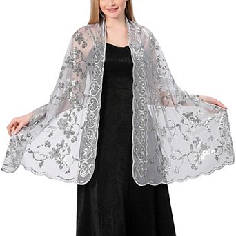 Sequin Floral Evening Shawl Sparkly Sheer Mesh Wedding Party Wrap