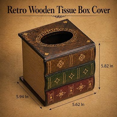 Retro Wooden Book Tissue Box Cover Square Dispenser for Home Office Car