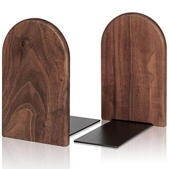 1 Pair Wood Bookends Non-Slip Heavy Walnut Metal Support L Shaped Classic Modern Organizer