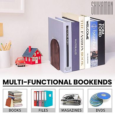 1 Pair Wood Bookends Non-Slip Heavy Walnut Metal Support L Shaped Classic Modern Organizer