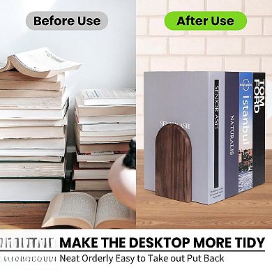 1 Pair Wood Bookends Non-Slip Heavy Walnut Metal Support L Shaped Classic Modern Organizer