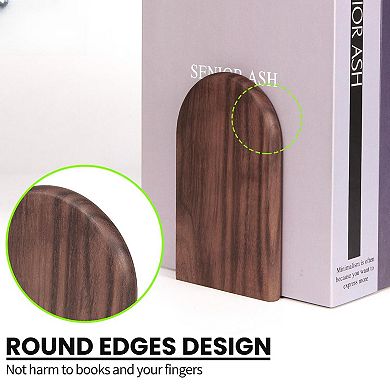 1 Pair Wood Bookends Non-Slip Heavy Walnut Metal Support L Shaped Classic Modern Organizer