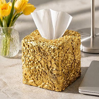 Square Tissue Box Cover Hand Carved Floral Resin Open Bottom Home Decor Organizer