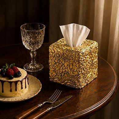Square Tissue Box Cover Hand Carved Floral Resin Open Bottom Home Decor Organizer