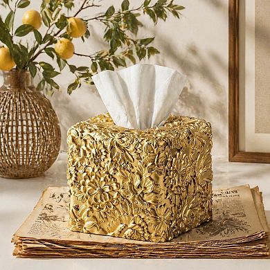 Square Tissue Box Cover Hand Carved Floral Resin Open Bottom Home Decor Organizer