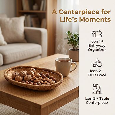 Handmade Rattan Serving Tray Woven Rectangular Basket Decorative Tabletop Organizer for Table
