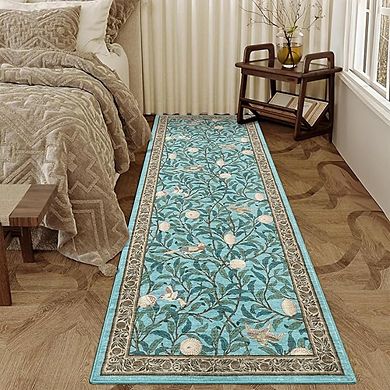 Boho Runner Rug Washable Non-Slip Low Pile Soft Botanical Carpet
