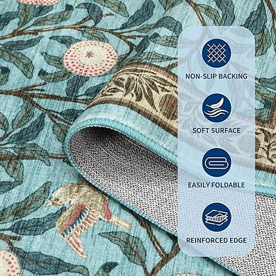 Boho Runner Rug Washable Non-Slip Low Pile Soft Botanical Carpet