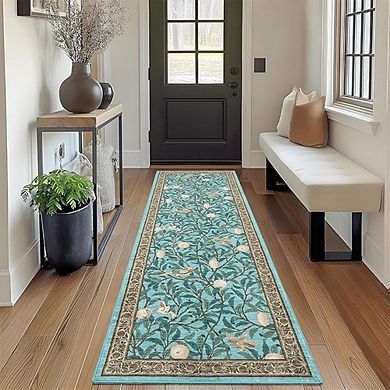 Boho Runner Rug Washable Non-Slip Low Pile Soft Botanical Carpet