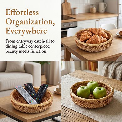 Handmade Rattan Decorative Bowl Round Woven Basket Tabletop Storage Tray for Bread