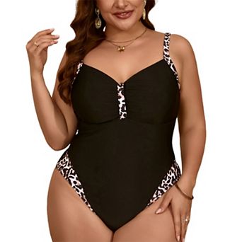Women's Leopard Trim One Piece Swimsuit - Ruched V Neck Adjustable Wide Strap Tummy Control Swimwear