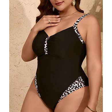 Women's Leopard Trim One Piece Swimsuit - Ruched V Neck Adjustable Wide Strap Tummy Control Swimwear