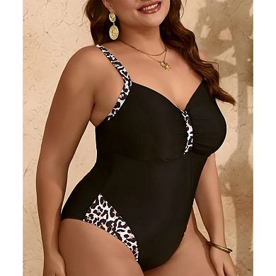 Women's Leopard Trim One Piece Swimsuit - Ruched V Neck Adjustable Wide Strap Tummy Control Swimwear