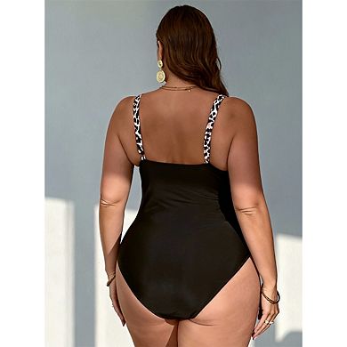Women's Leopard Trim One Piece Swimsuit - Ruched V Neck Adjustable Wide Strap Tummy Control Swimwear