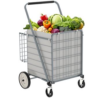 WOW PIONEER Foldable Double Basket Utility Cart with 360 Swivel Wheels for Shopping