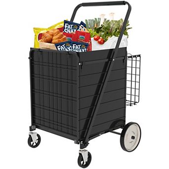 WOW PIONEER Foldable Double Basket Utility Cart with 360 Swivel Wheels for Shopping