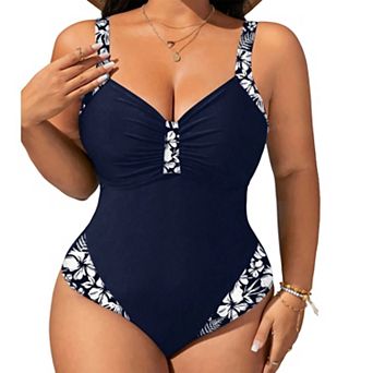 Women's Floral Trim One Piece Swimsuit - Ruched V Neck Adjustable Wide Strap Tummy Control Swimwear