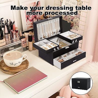 3 Layer Jewelry Storage Box 9.1x6.3x5.7 Inch Organizer Case for Rings Necklaces Earrings