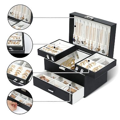 3 Layer Jewelry Storage Box 9.1x6.3x5.7 Inch Organizer Case for Rings Necklaces Earrings