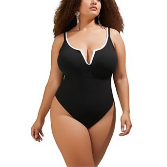 Women's Contrast Piping One‑Piece Swimsuit V‑Neck Cutout Adjustable Strap Tummy Control Swimwear