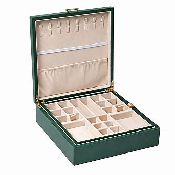 2 Layer Green Jewelry Box Organizer with Handle 9 Necklace Hooks 9 Compartments 9.52 x 7.36 x 3.5 In