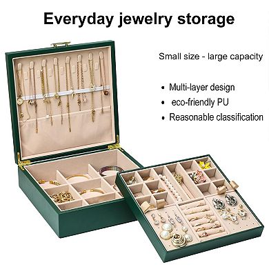 2 Layer Green Jewelry Box Organizer with Handle 9 Necklace Hooks 9 Compartments 9.52 x 7.36 x 3.5 In