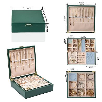 2 Layer Green Jewelry Box Organizer with Handle 9 Necklace Hooks 9 Compartments 9.52 x 7.36 x 3.5 In