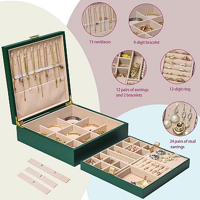 2 Layer Green Jewelry Box Organizer with Handle 9 Necklace Hooks 9 Compartments 9.52 x 7.36 x 3.5 In