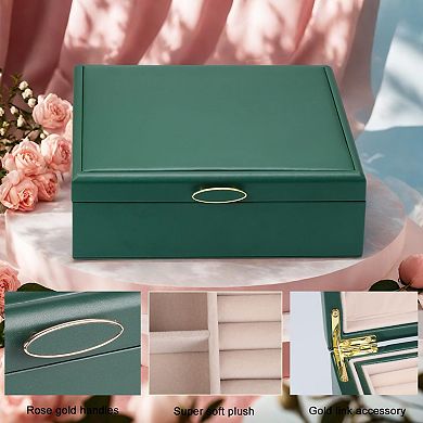 2 Layer Green Jewelry Box Organizer with Handle 9 Necklace Hooks 9 Compartments 9.52 x 7.36 x 3.5 In