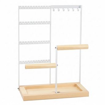 4 tier Jewelry Organizer Stand White 48 Earring Holes 6 Necklace Hooks Wood Tray 1 pc