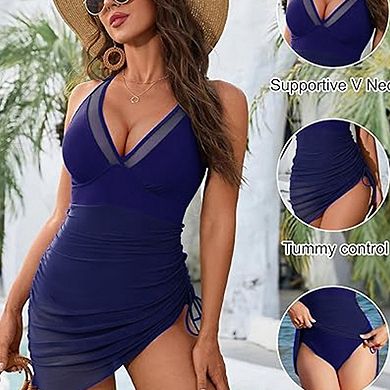 Women's Mesh V-Neck One-Piece Swimsuit with Adjustable Side Drawstring Cover Up