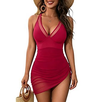 Women's Mesh V-Neck One-Piece Swimsuit with Adjustable Side Drawstring Cover Up