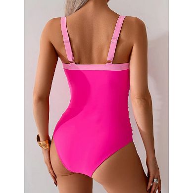 Women's Contrast Trim Square Neck One Piece Swimsuit with Tummy Control