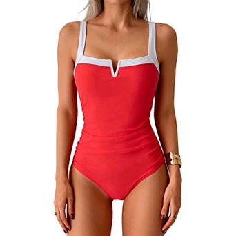 Women's Contrast Trim Square Neck One Piece Swimsuit with Tummy Control