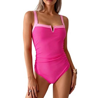 Women's Contrast Trim Square Neck One Piece Swimsuit with Tummy Control