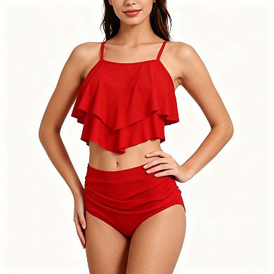 Women's Ruffled Tankini Swimsuit with High Waist Ruched Bottom