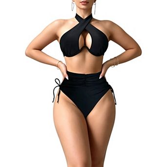Women's Cross Halter Bikini Set with High Waist Drawstring Ruched Bottom