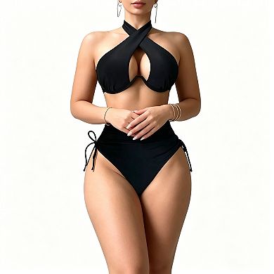 Women's Cross Halter Bikini Set with High Waist Drawstring Ruched Bottom