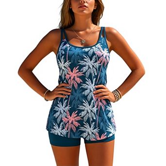 Women's Double Straps Tankini Set, Flowy Tummy Control 2 pc Swimwear with Boyshorts