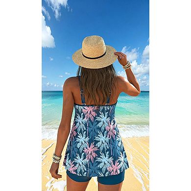 Women's Double Straps Tankini Set, Flowy Tummy Control 2 Piece Swimwear with Boyshorts