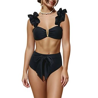Women's Ruffle Strap High Waisted Bikini Set, V-Trim Bandeau 2 pc Swimwear